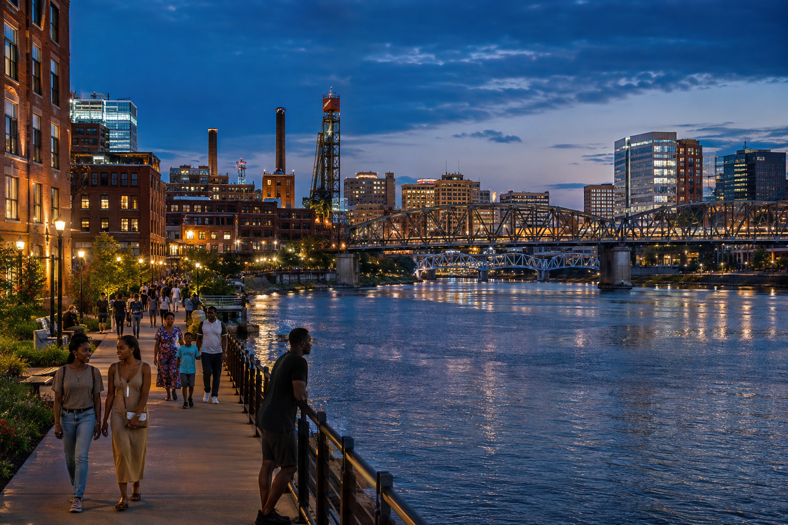 Lakewood Falls skyline across the river at dusk